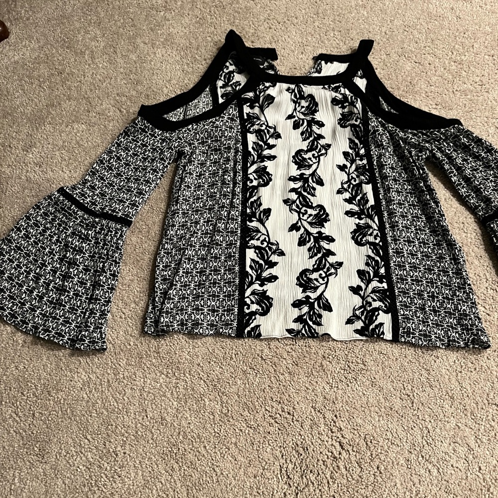 INC Black and White Cold Shoulder Blouse